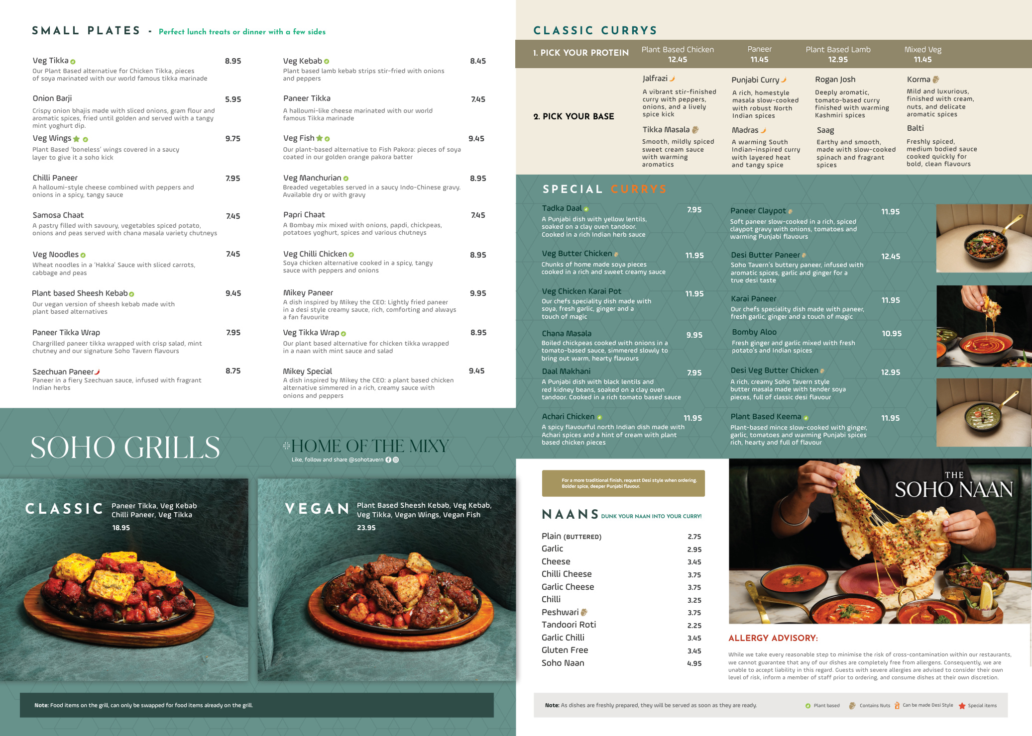 Veg and vegan menu inside page